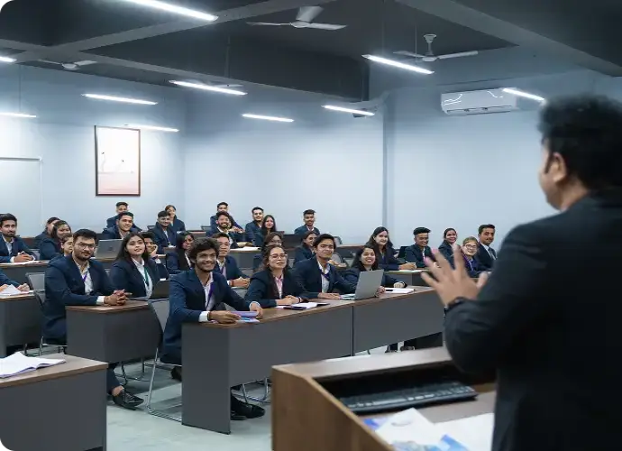 A professor giving a lecture to a classroom full of students at Narayana Business School.