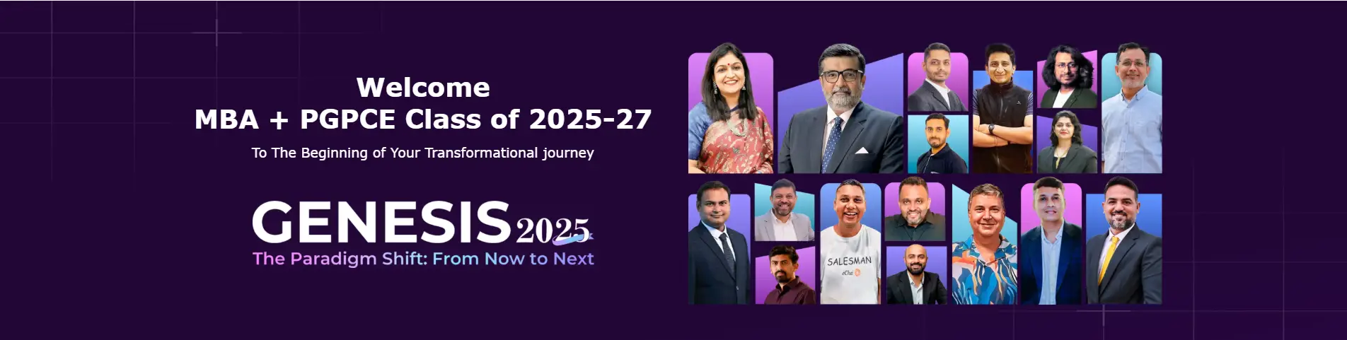 MBA + PGPCE Class of 2025-27 at Narayana Business School, featuring professionally dressed individuals and the event title “GENESIS 2025: The Paradigm Shift: From Now to Next” in bold text against a purple background