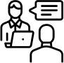 Black outline icon showing one person with a laptop and another person with a speech bubble, representing an interview, consultation, discussion, or communication in a professional or educational setting.