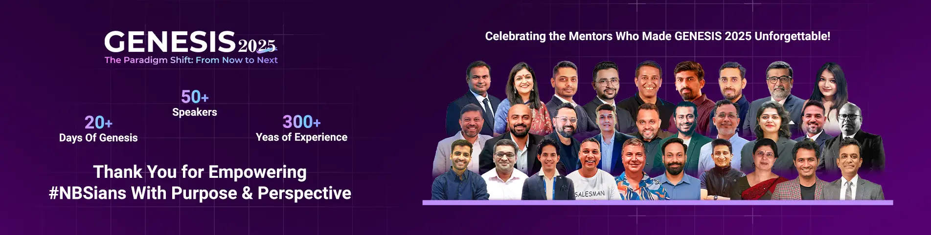 GENESIS 2025 event banner for Narayana Business School featuring statistics like 20+ days of Genesis, 50+ speakers, and 300+ years of experience, along with a group of mentors and text thanking them for empowering #NBSians with purpose and perspective, all set against a purple background.
