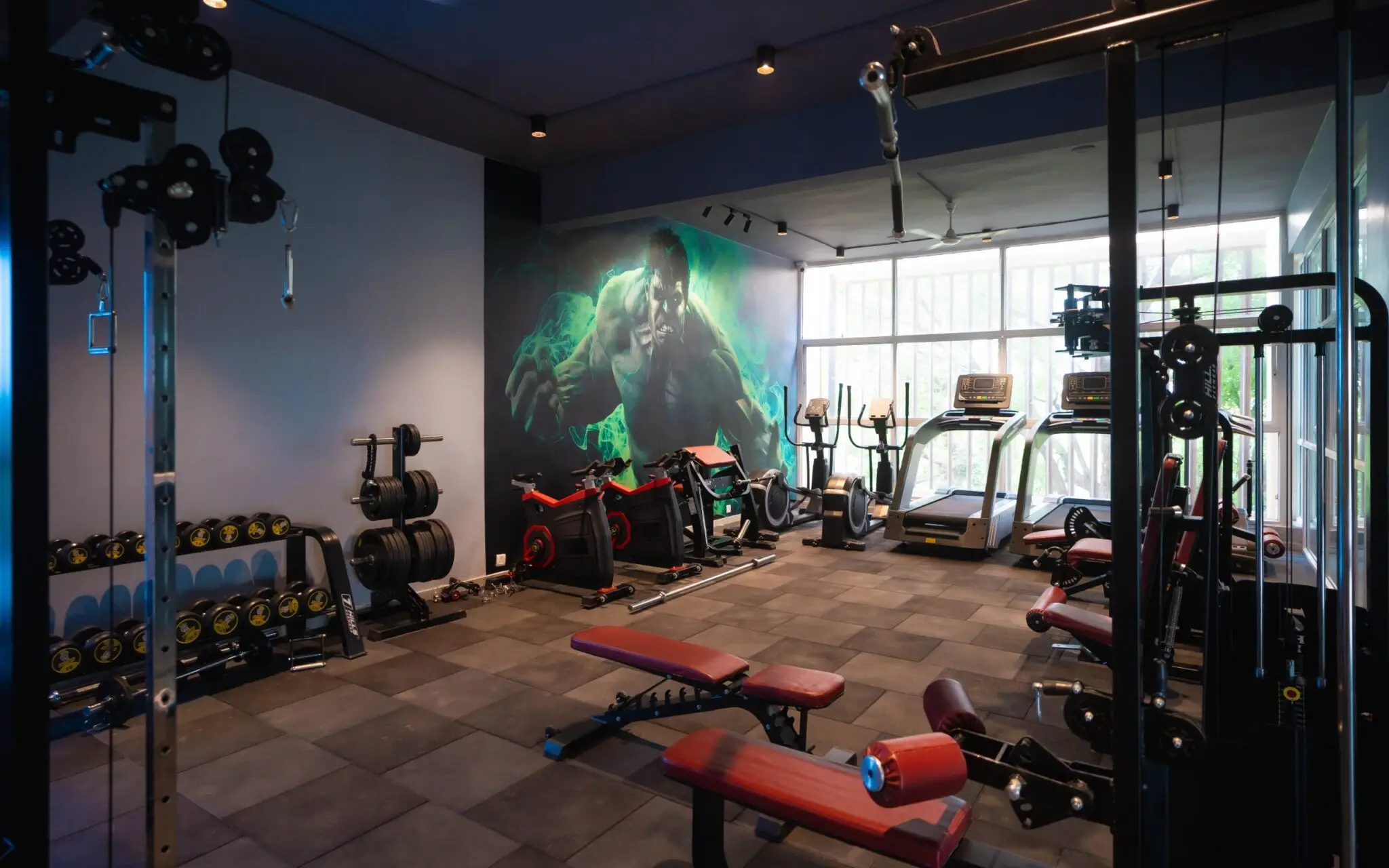 Modern fully equipped gym and fitness center at a top MBA college in Ahmedabad Gujarat, featuring cardio machines, weight training equipment, and dedicated workout space.