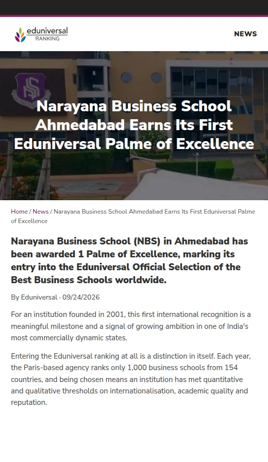 Narayana Business School earns its first Eduniversal Palme of Excellence